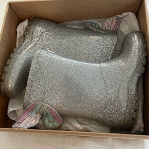 Sophia Webster Mini butterfly welly rainboots, sparkly silver